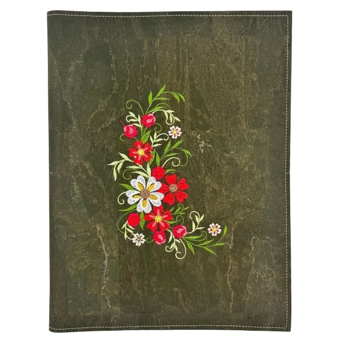 Hunter green spiral cover embroidered with wildflower floral bundle on white background