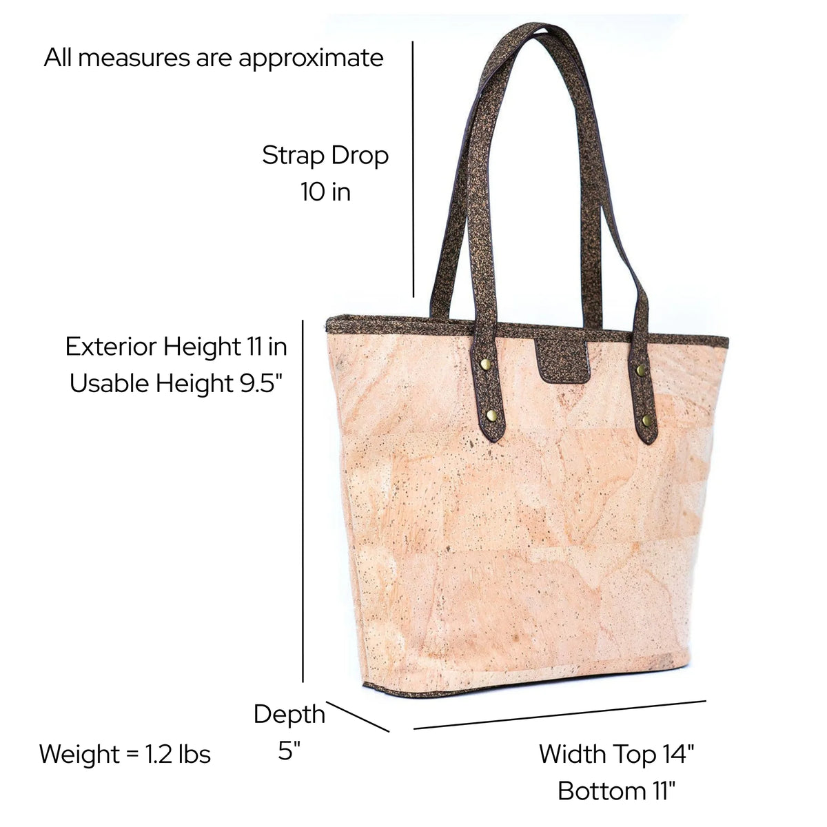 Dimensions and weight of the Kona Cork Tote Bag on a white background