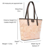 Dimensions and weight of the Kona Cork Tote Bag on a white background