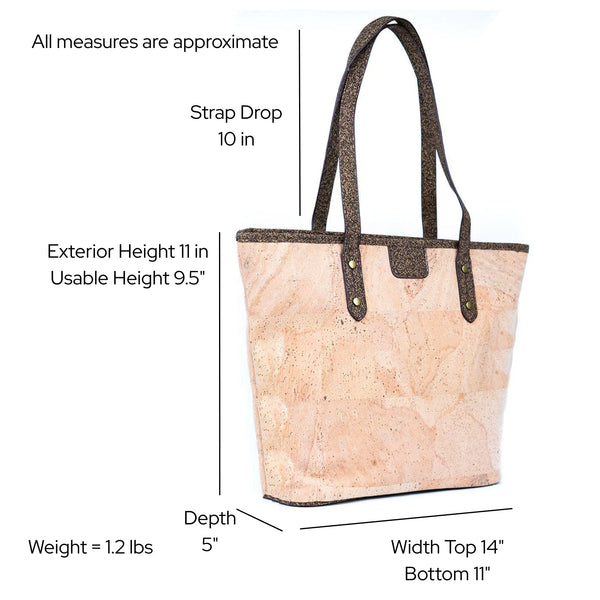 Dimensions and weight of the Kona Cork Tote Bag on a white background