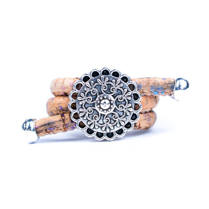 Front view of Lacey flower cork ring in rainbow from Texas Cork Co