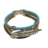 Light blue, natural, brown 3 Layer cork cord bracelet with feather charm from Texas Cork Company