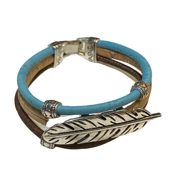 Light blue, natural, brown 3 Layer cork cord bracelet with feather charm from Texas Cork Company