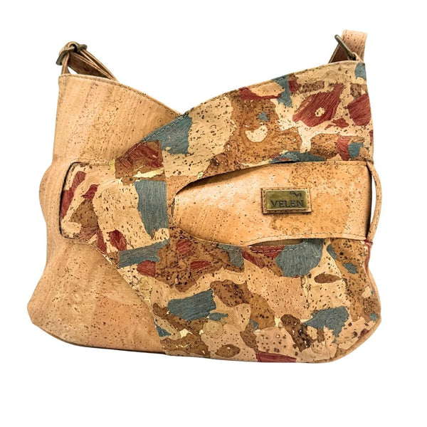 Madison mid-sized crossbody front in Teal, Red, and Brown Patchwork