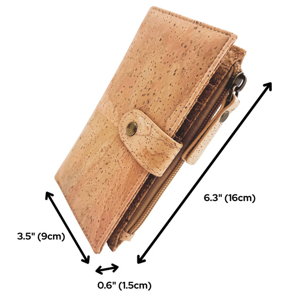 Dimensions of  chic cork wallet with snap closure from Texas Cork Company