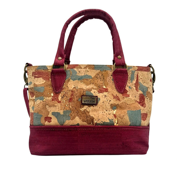 Front of Napa Luxe convertible bag in Red Patchwork Chameleon with a burgundy bottom, strap, and handles. 