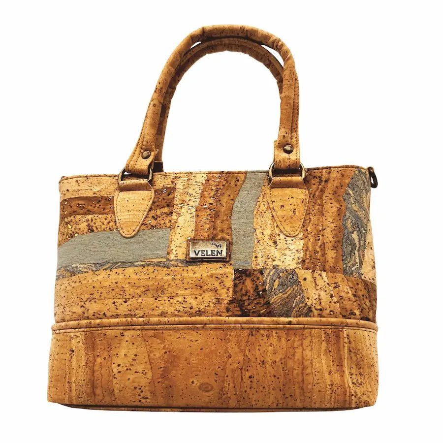 Front view of convertible crossbody bag with hand straps in Napa Luxe style and Earth Sea color