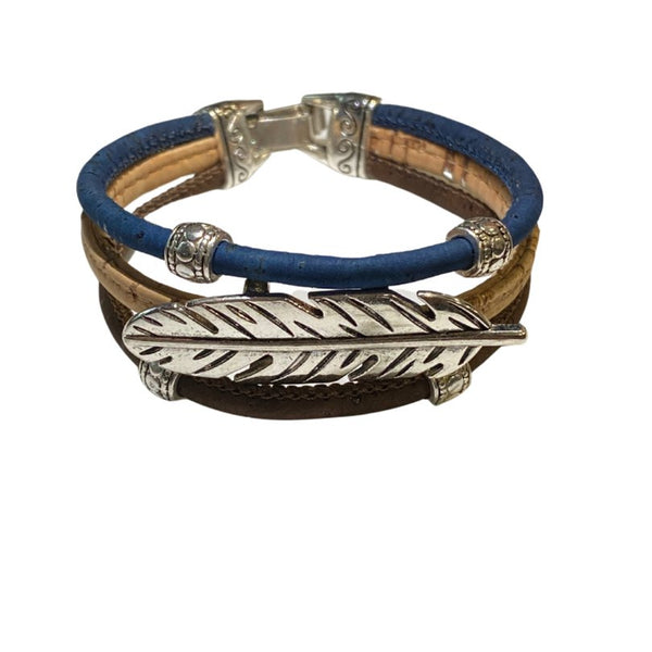 Navy, natural, brown 3 Layer cork cord bracelet with feather charm from Texas Cork Company