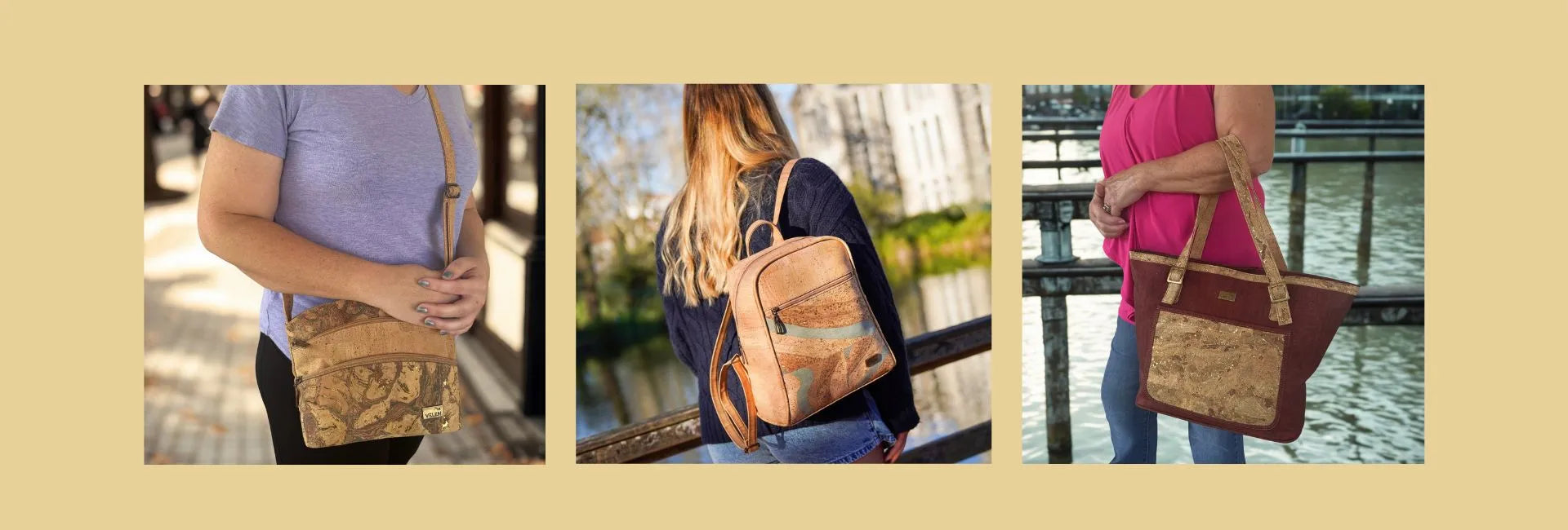  Three different views of a cork bag being carried by people outdoors. Dallas Crossbody, Ridgeway Backpack, Denver Tote