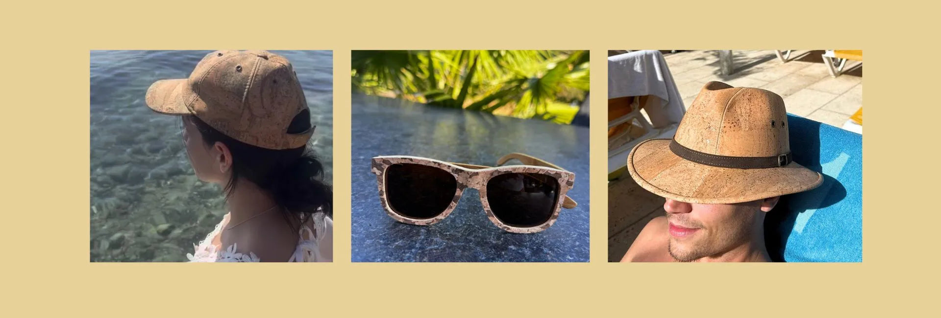  Three images showing a person wearing a Lone Star cap, Wave Chasers sunglasses, and another person wearing a Amarillo Cowboy hat by a pool.