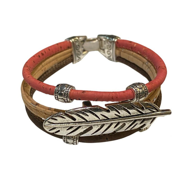 Pink, natural, brown 3 Layer cork cord bracelet with feather charm from Texas Cork Company