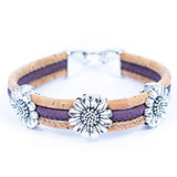 Front of purple cork bracelet with chrysanthemum accents from Texas Cork Company