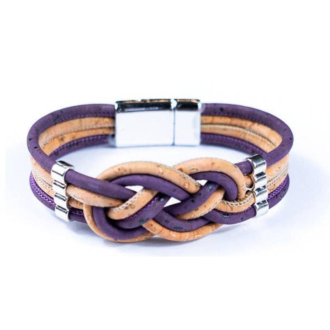 Front of purple Double Twist Natural Cork Bracelet from Texas Cork Company