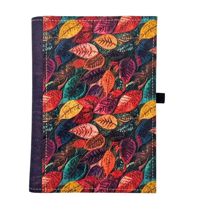 Cork Leather Notebook Cover - Small Refillable Notebook - Purple back and spine with multi-colored leaves on front border.