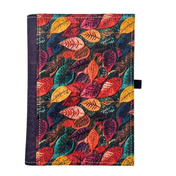 Cork Leather Notebook Cover - Small Refillable Notebook - Purple back and spine with multi-colored leaves on front border.