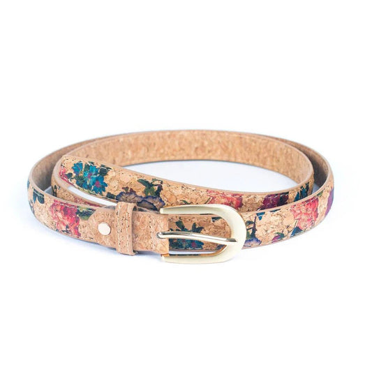 Rolled up Roses Womens Adjustable Vegan Cork Belt with Gold Buckle from Texas Cork Company