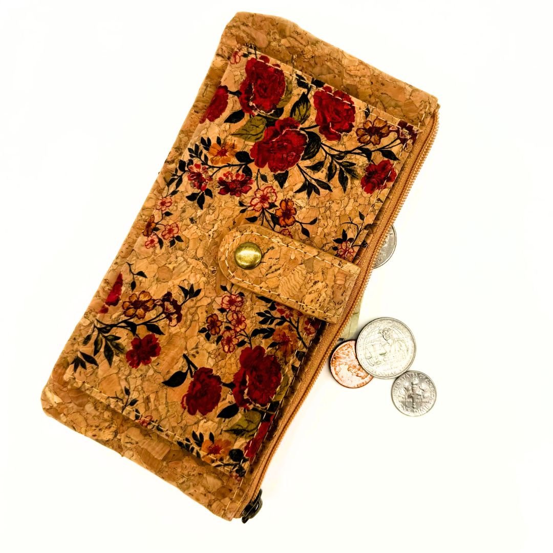 Slim cork card wallet with coins and money in zippered pocket.