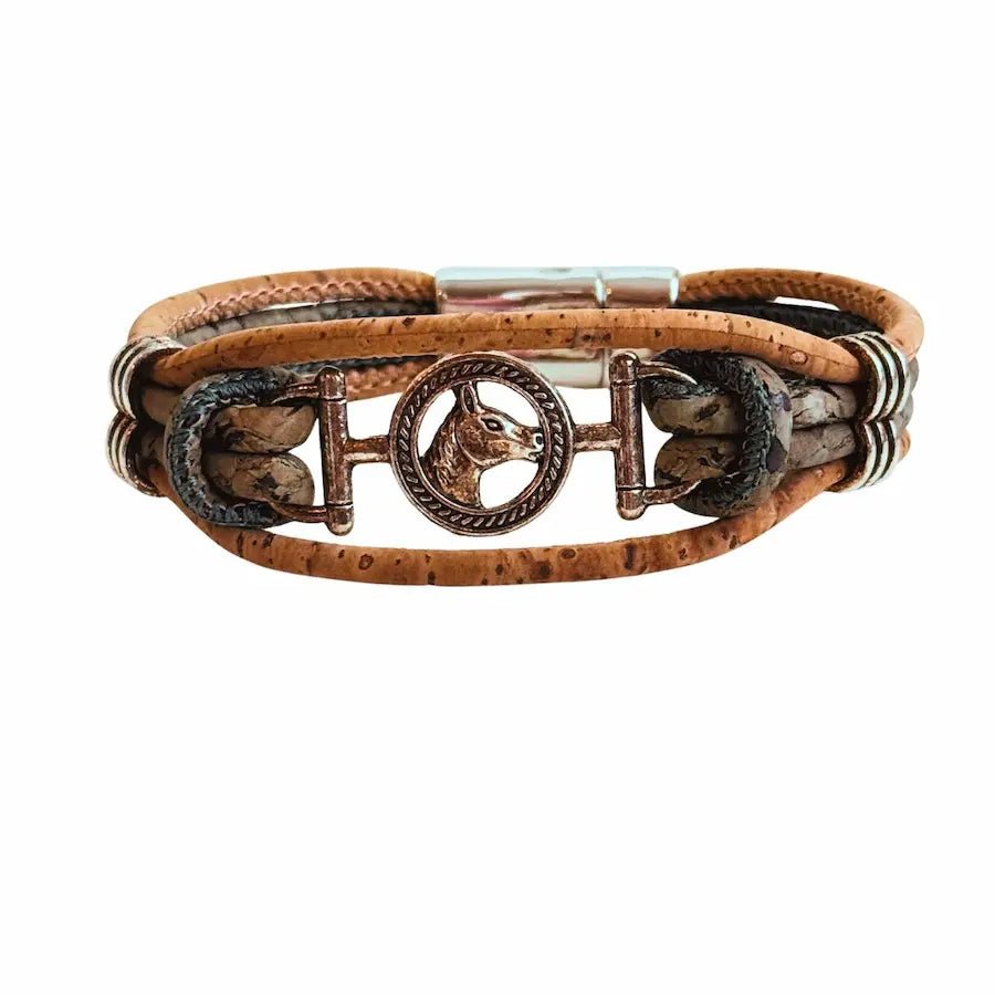 Teal-grey cork bracelet with metal horse design on a white background