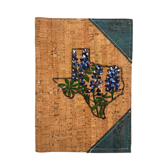 Hand-Painted Cork Leather Notebook Cover with Refillable Notepad - Texas Bluebonnets, Turquoise Corners