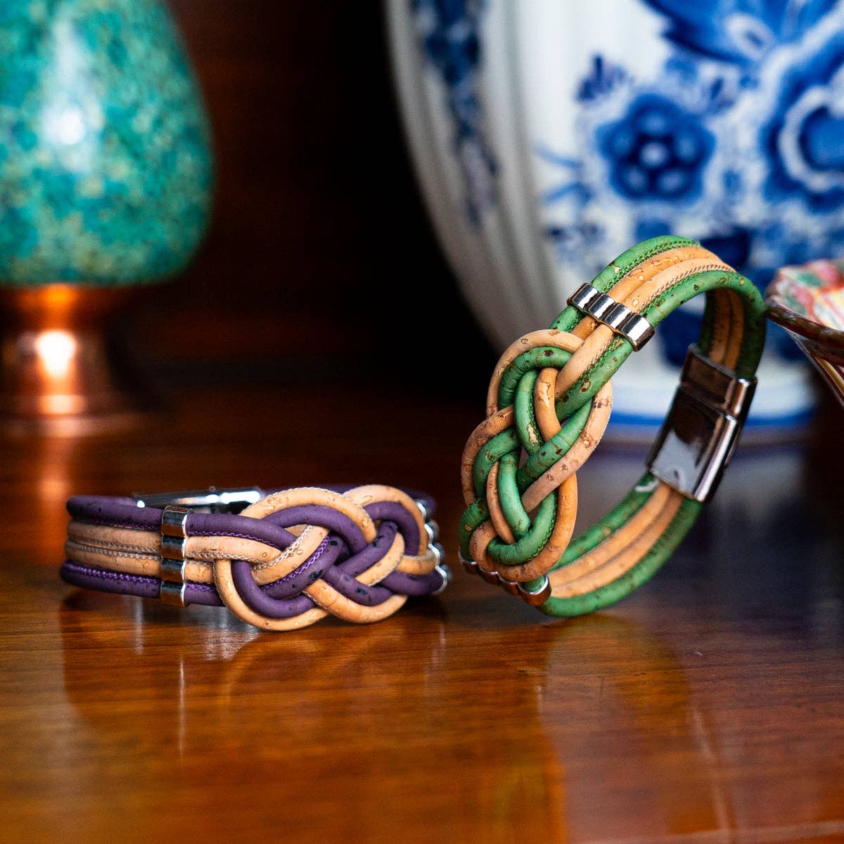 Two Double Twist Natural Cork Bracelets on table from Texas Cork Company