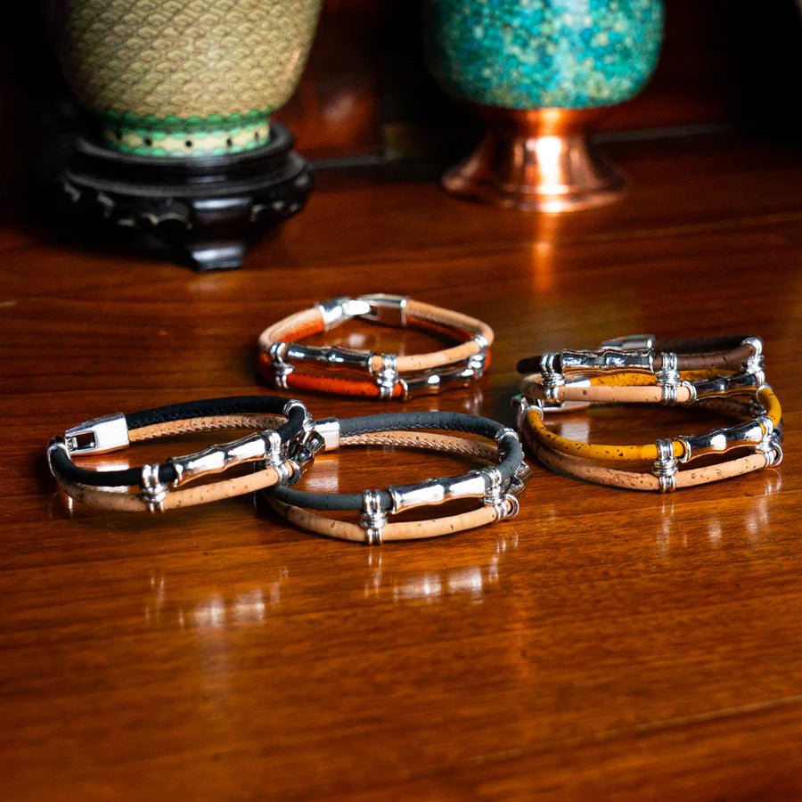 Group of Unisex cork everyday bracelets on a table from Texas Cork Co