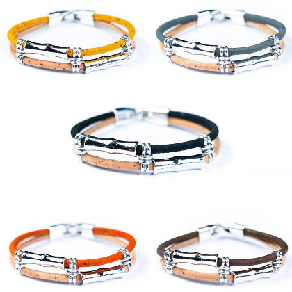 Group of Unisex cork everyday bracelets from Texas Cork Co showing Yellow, Grey, Black, Orange, and Brown