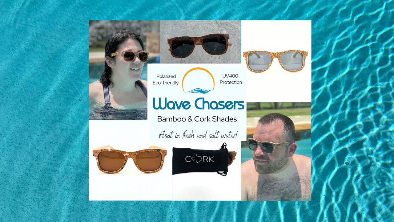 Collage of photos of our new floating polarized sunglasses. Includes a man and woman in the pool wearing the Wave Chasers as well as several views of the sunglasses.