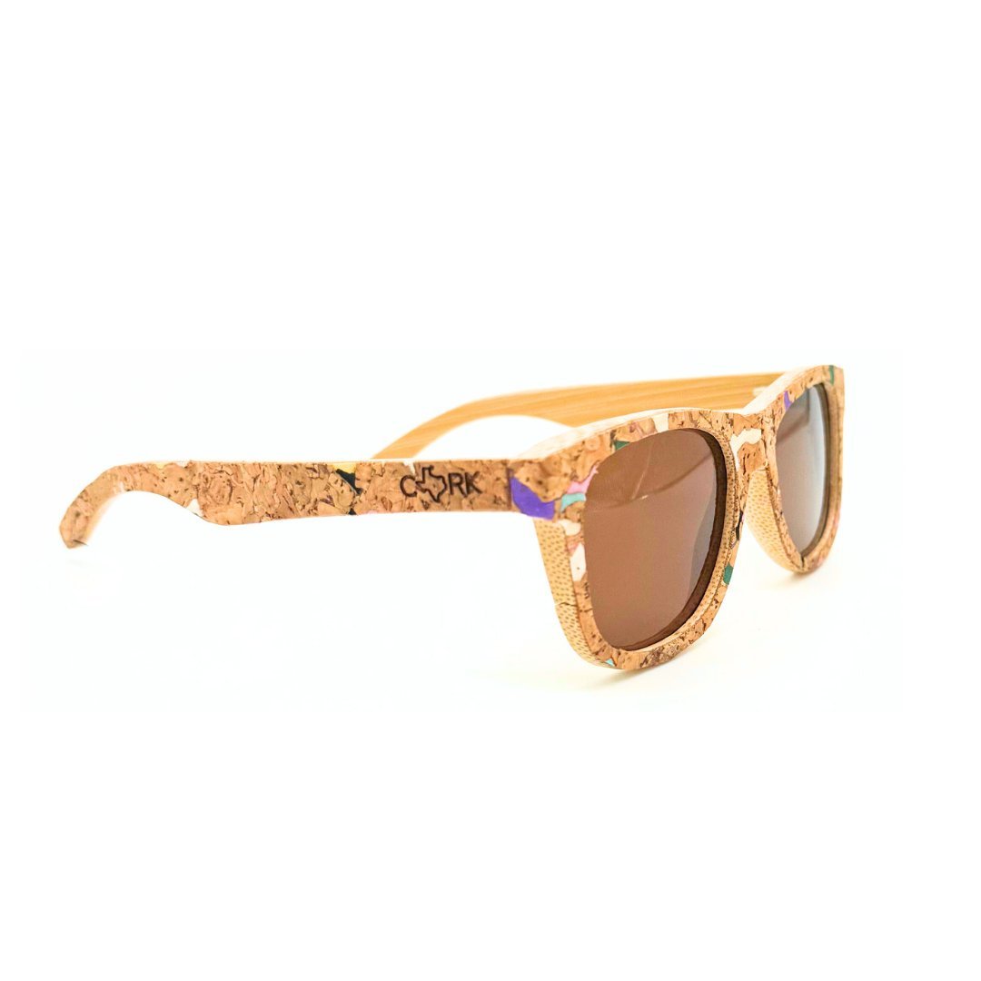 Eco-friendly, floating cork and bamboo sunglasses with polarized lenses side view. Texas Cork Company