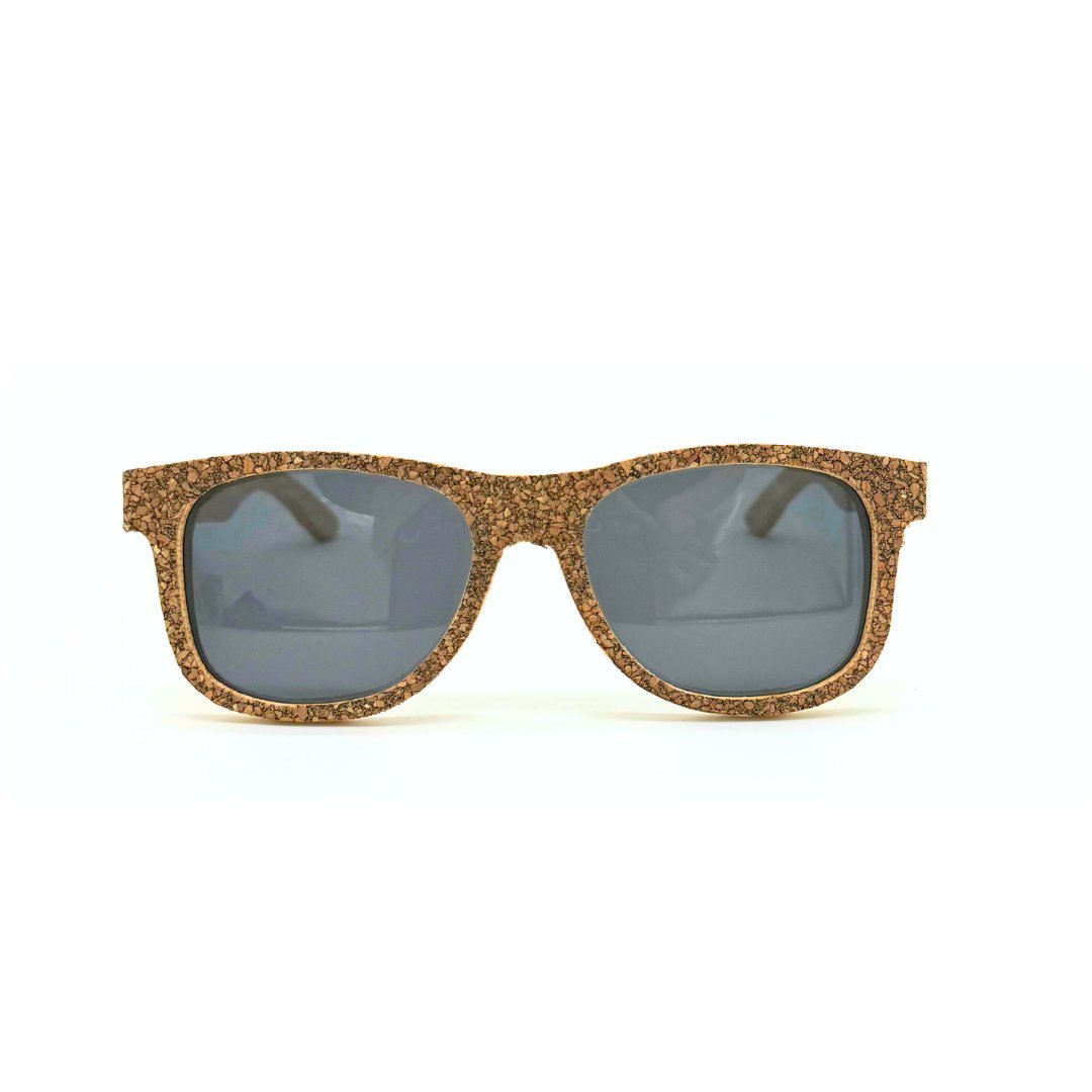 Eco-friendly cork and bamboo polarized floating sunglasses - dark aggregate front view. Texas Cork Company