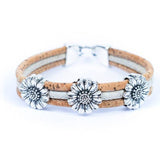 Front of white cork bracelet with chrysanthemum accents from Texas Cork Company