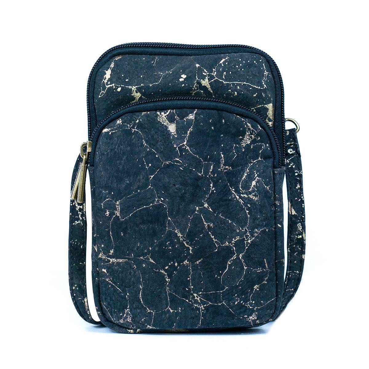 Front of Women's Natural Cork Phone Bag in black gold color from Texas Cork Company