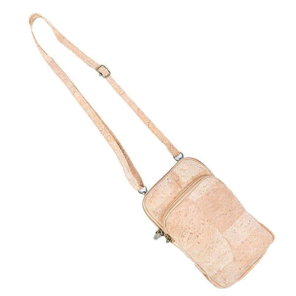 Extended crossbody strap with Women's Natural Cork Phone Bag in natural color from Texas Cork Company