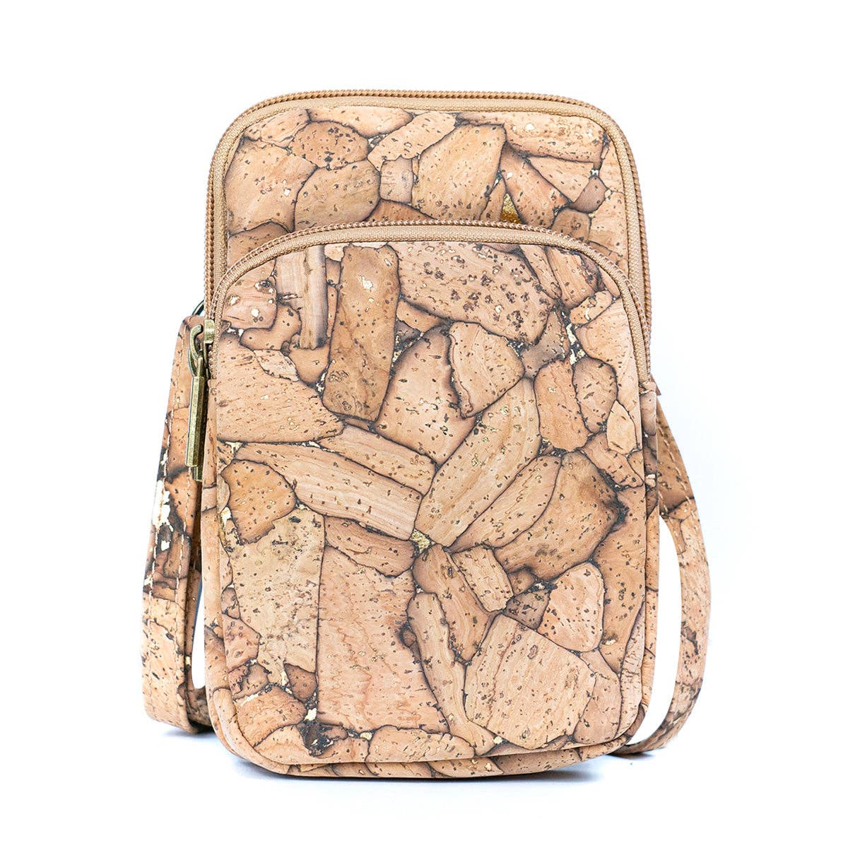 Front of Women's Natural Cork Phone Bag in molten goldl color from Texas Cork Company