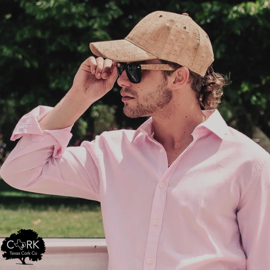 Man wearing natural cork hat and black-rimmed cork sunglasses - Texas Cork Company