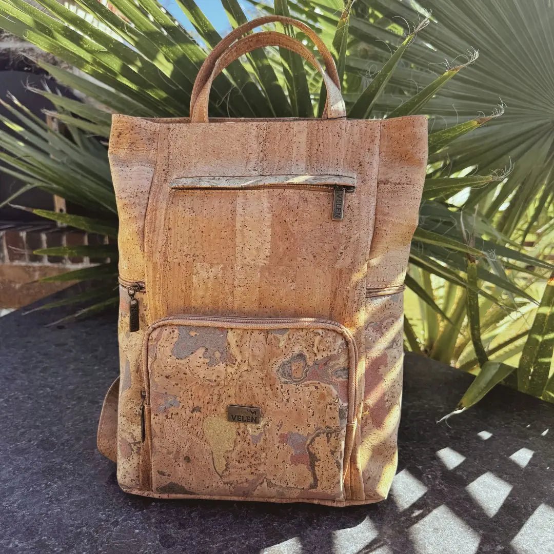 Akron Large Cork Backpack in outside setting