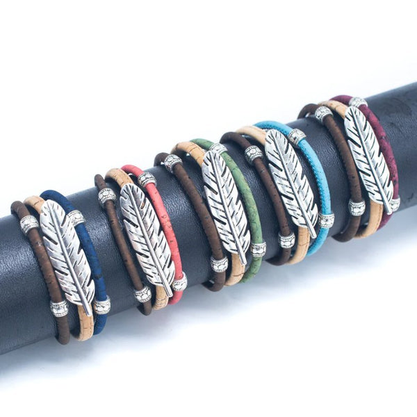 All colors of 3 Layer Cork Cord Bracelet with Feather Charm from Texas Cork Company