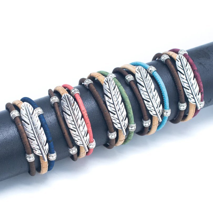All colors of 3 Layer Cork Cord Bracelet with Feather Charm from Texas Cork Company