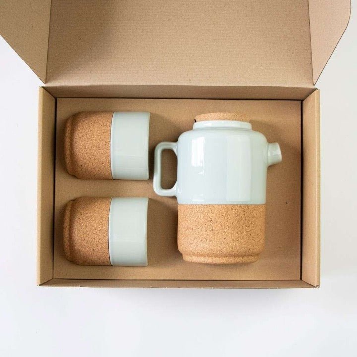 Aqua Ceramic and Cork Tea for Two Gift Set in box Texas Cork Company