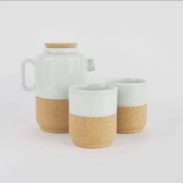 Aqua Ceramic and Cork Tea for Two Gift Set on display from Texas Cork Company