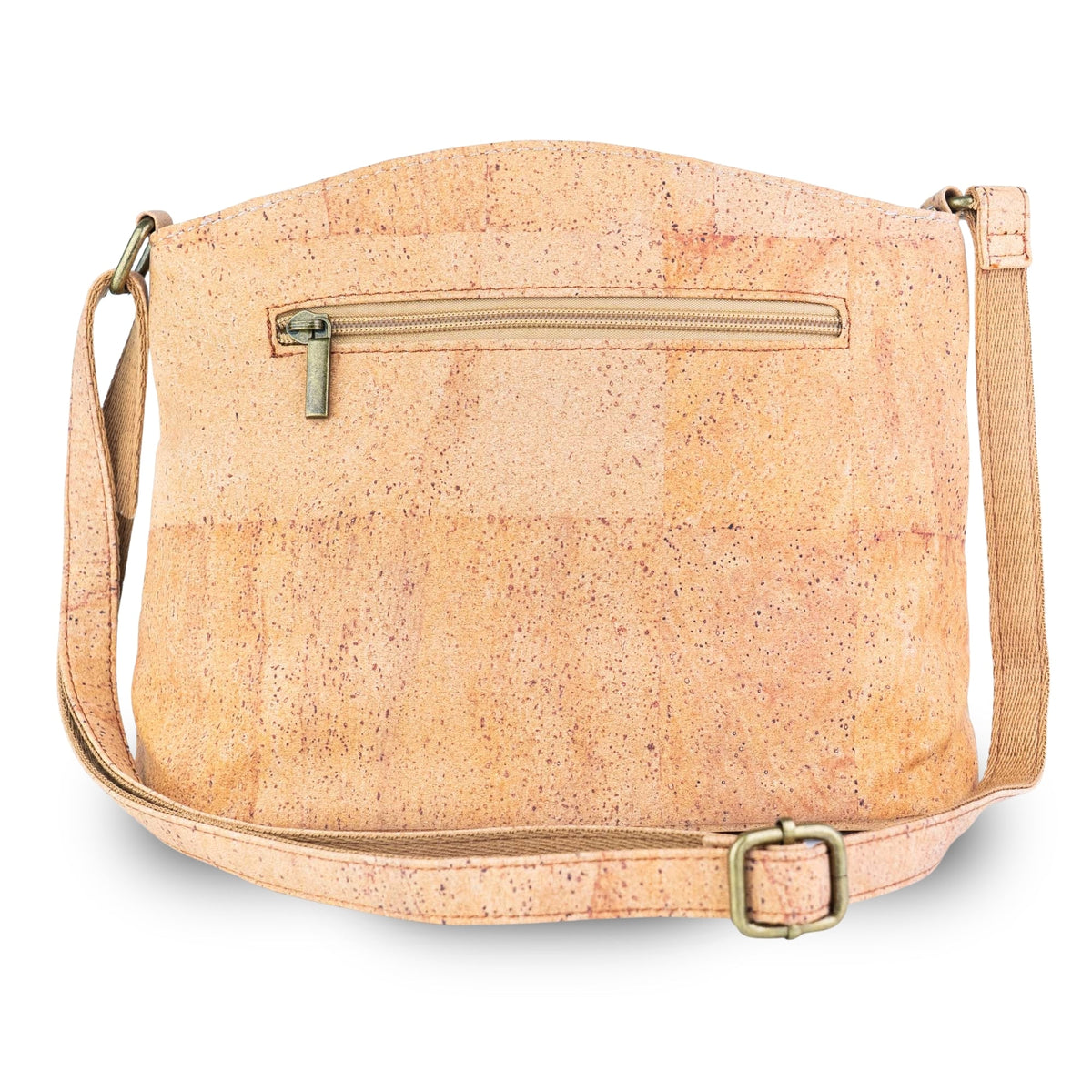 Arlington cork crossbody bag back view in a natural light tan cork texture with a zippered pocket and a gold-tone buckle, shown on a white background.