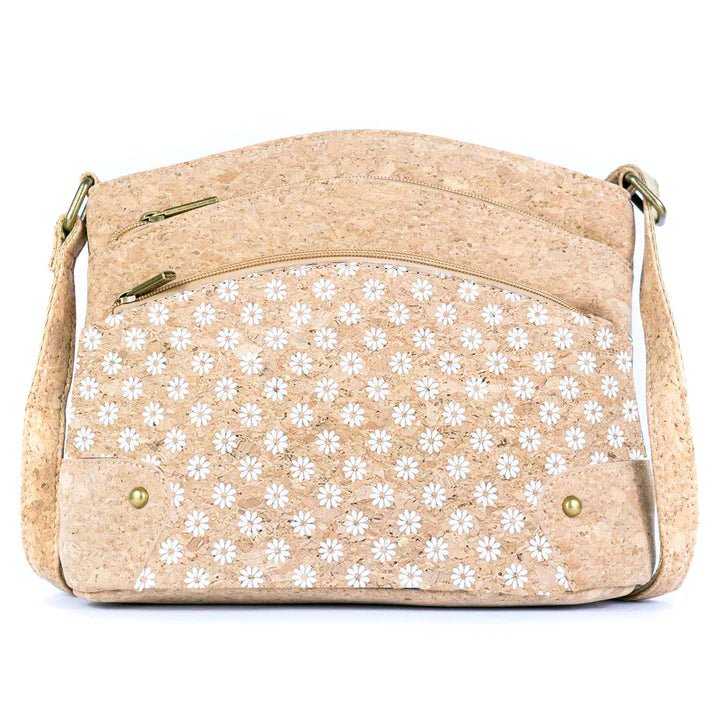 Arlington three-line cork crossbody front in Daisies