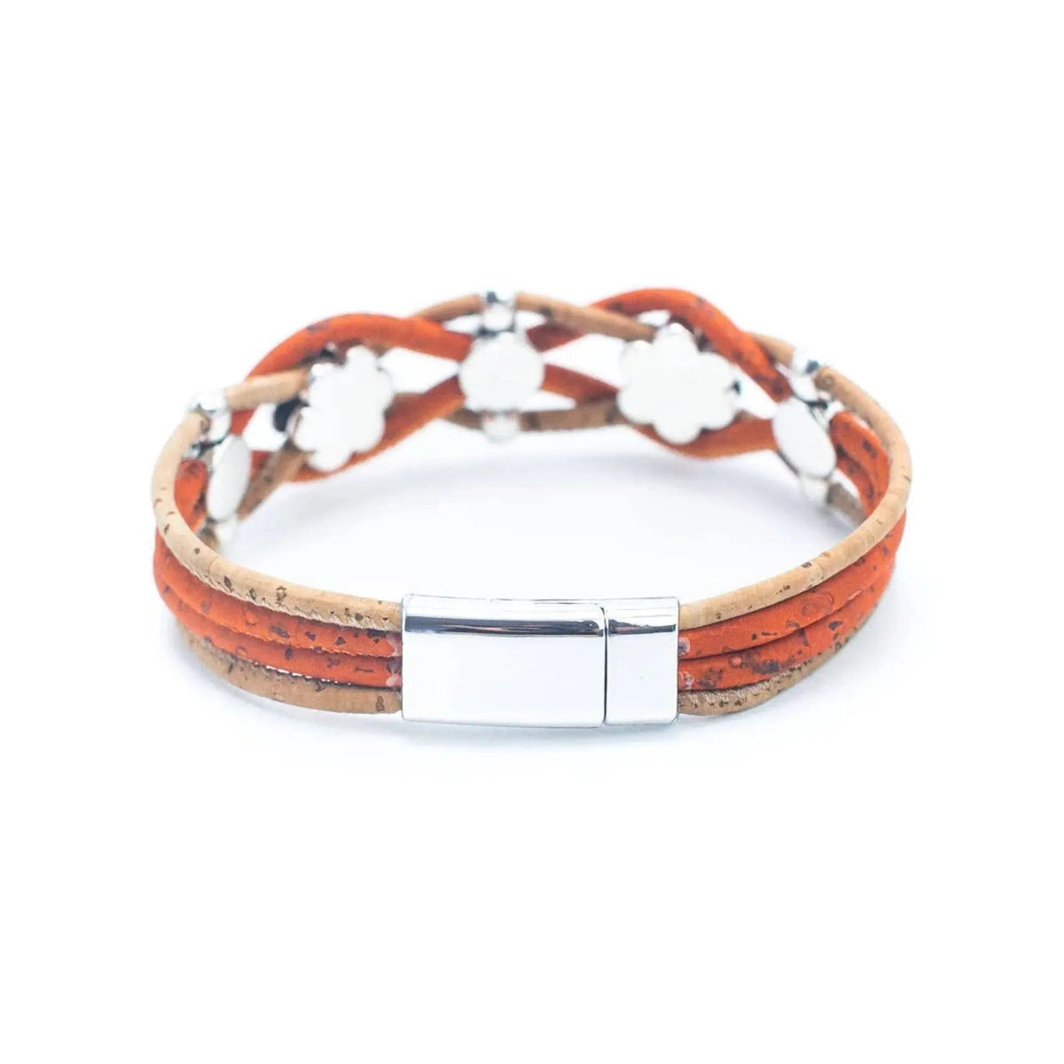 A multi-strand wrap bracelet featuring orange and tan cork cords, silver-tone floral charms, and a silver-tone magnetic clasp, shown on a plain white background. Back view.