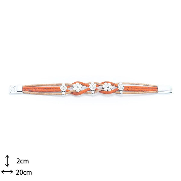 A multi-strand wrap bracelet featuring orange and tan cork cords, silver-tone floral charms, and a silver-tone magnetic clasp, shown on a plain white background. Dimensions