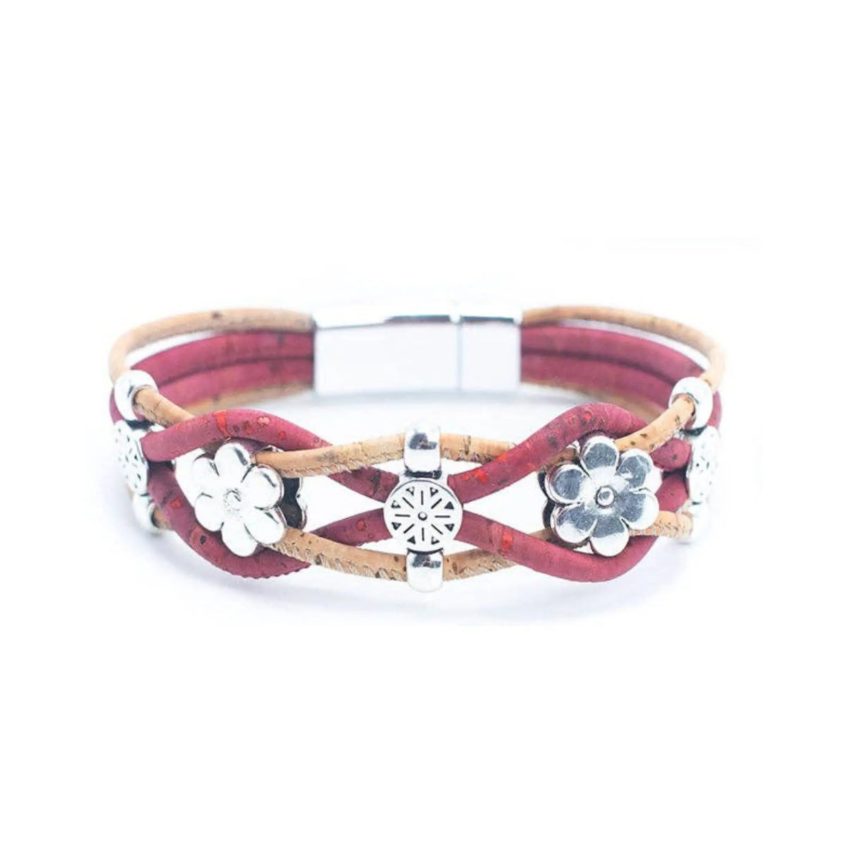A multi-strand wrap bracelet featuring maroon and tan cork cords, silver-tone floral charms, and a silver-tone magnetic clasp, shown on a plain white background.