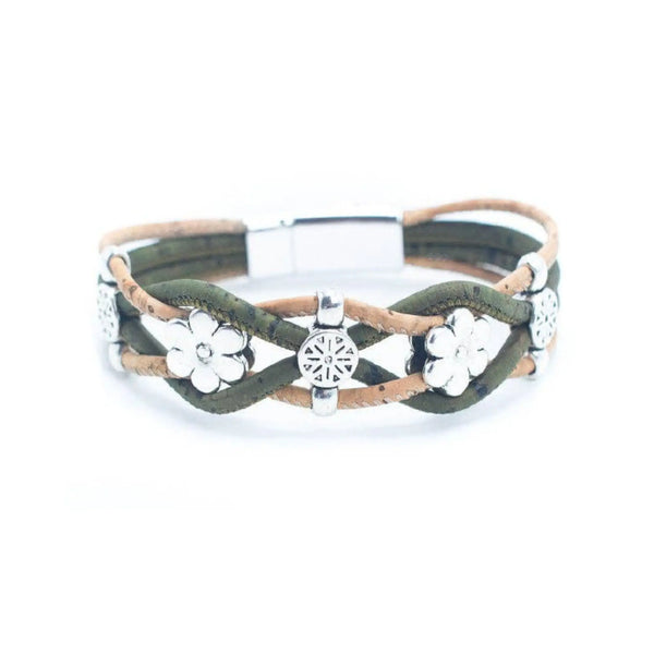 A multi-strand wrap bracelet featuring olive green and tan cork cords, silver-tone floral charms, and a silver-tone magnetic clasp, shown on a plain white background.
