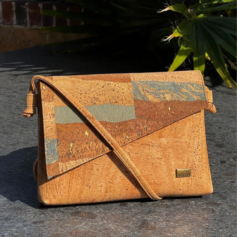  Atlanta cork handbag in Earth Sea on a stone surface