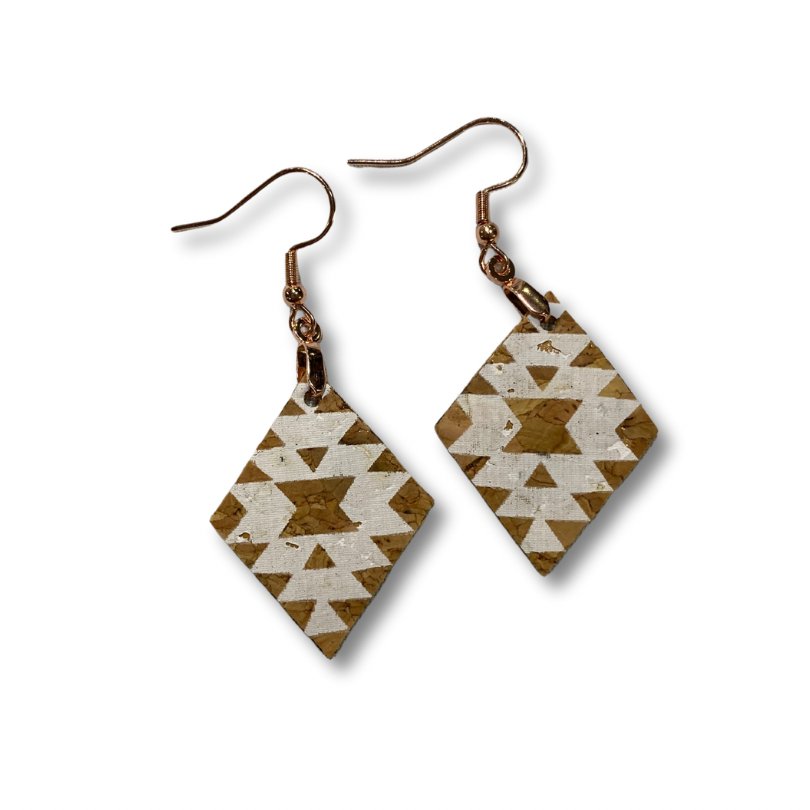 Front view of natural and white Aztec Inspired Cork Leather Earrings by Texas Cork Company