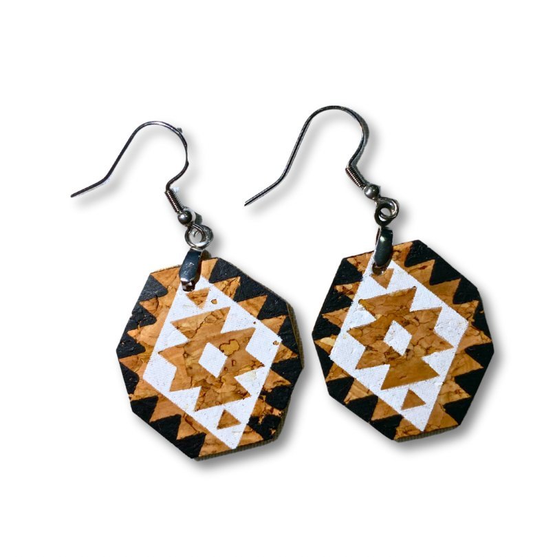 Front view of hexagon shaped with white diamond center Aztec Inspired Cork Leather Earrings by Texas Cork Company