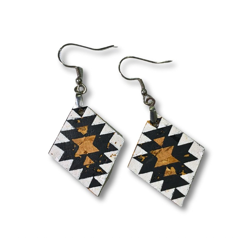 Front view of natural, black and white Aztec Inspired Cork Leather Earrings by Texas Cork Company