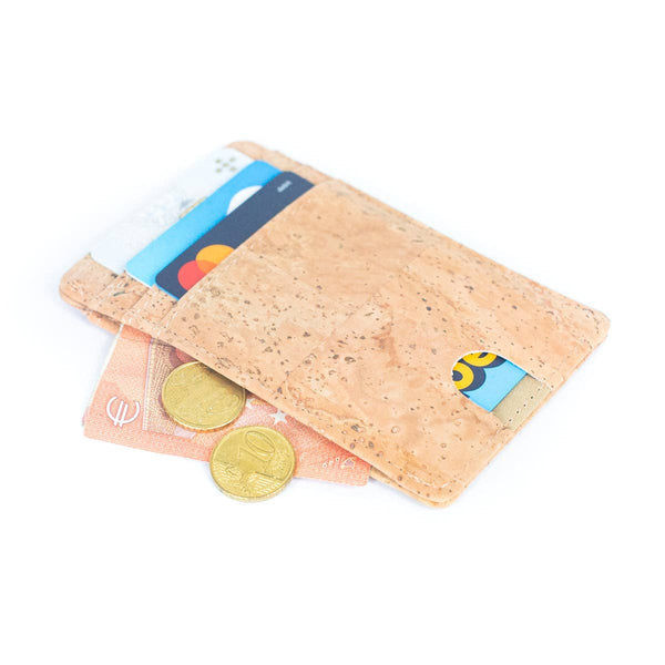 Back of minimalist RFID card wallet loaded with cards, money and coins